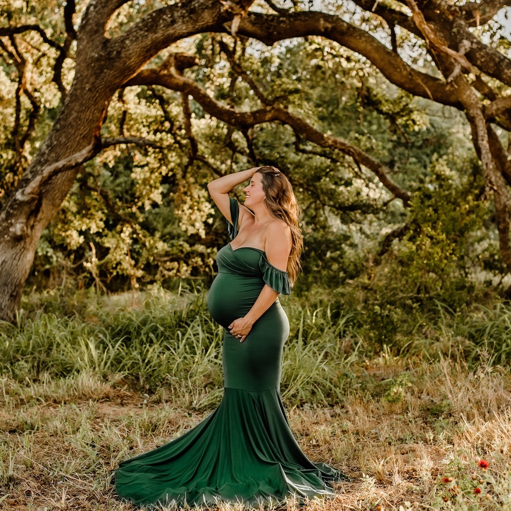 Maternity photoshoot gown off the shoulder dress emerald forest green
